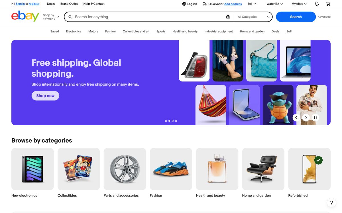 eBay homepage with a search bar and shopping categories