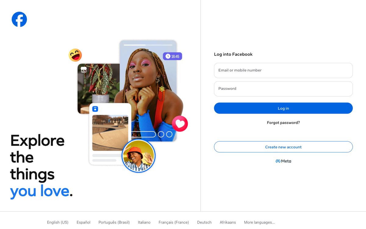 Facebook login page in the browser