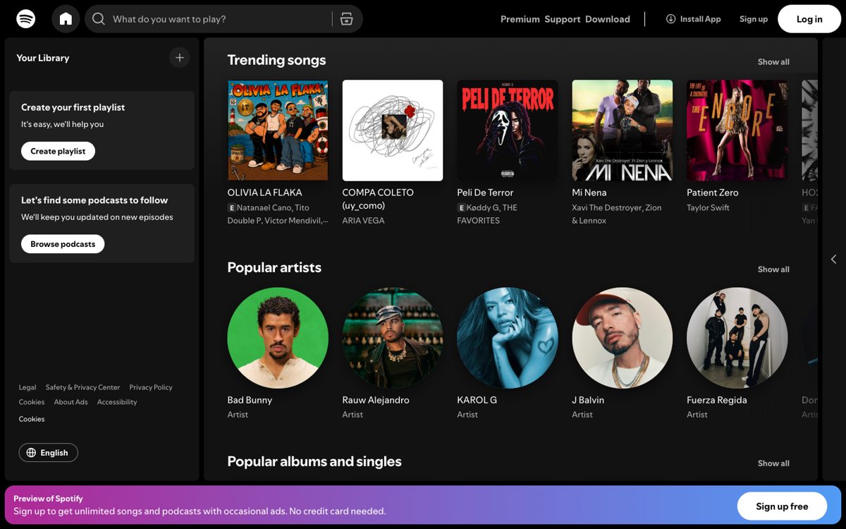 Spotify web player showing trending songs and popular artists