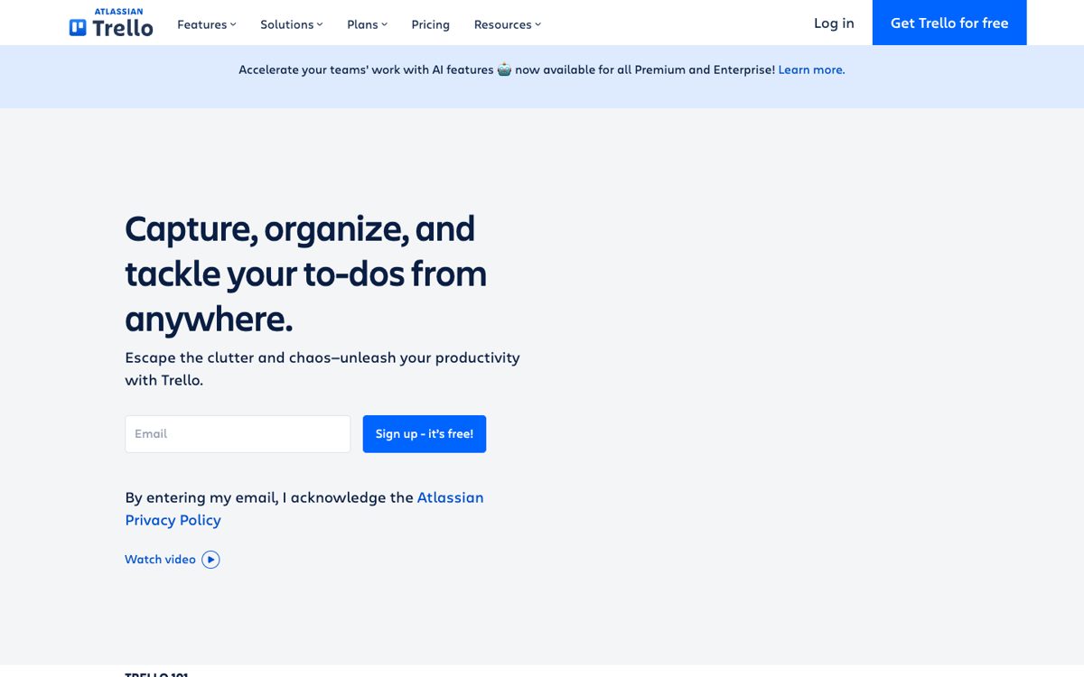 Trello homepage for organizing team tasks